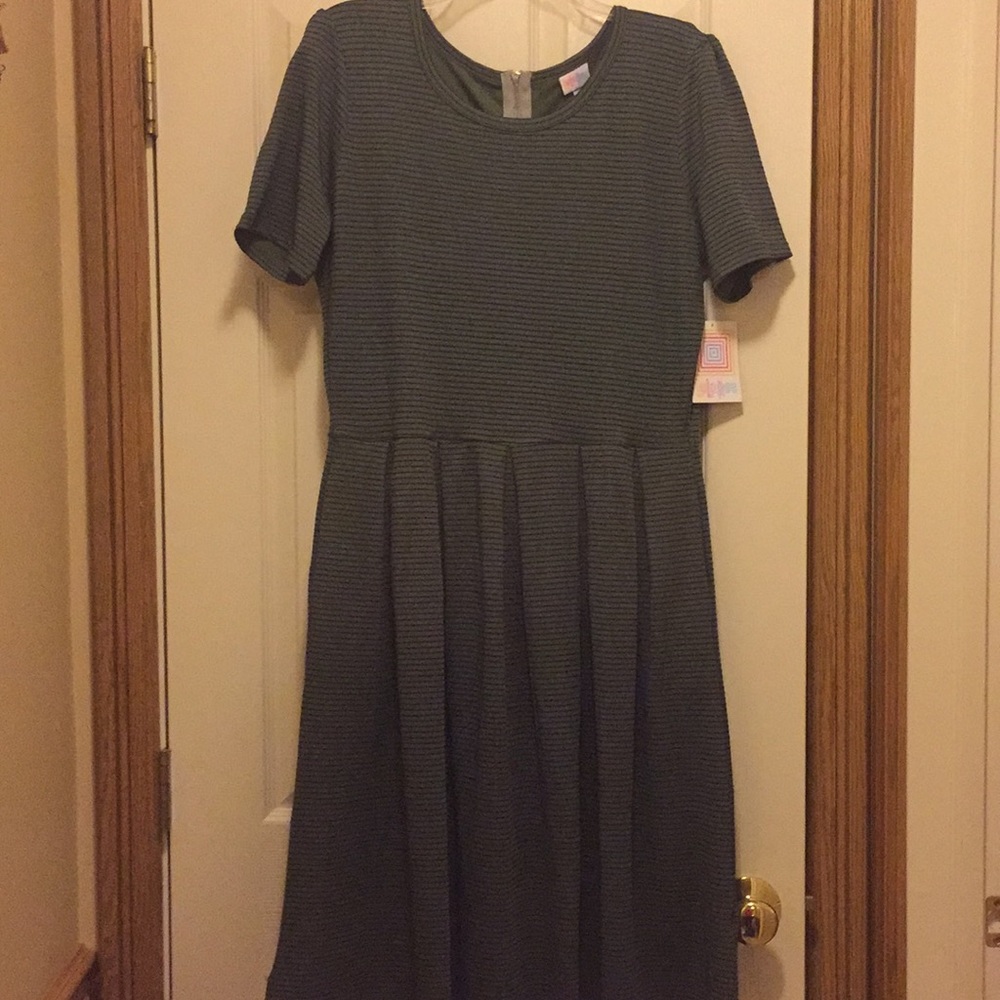 Lularoe XL Amelia Olive Green and Navy Microstripe